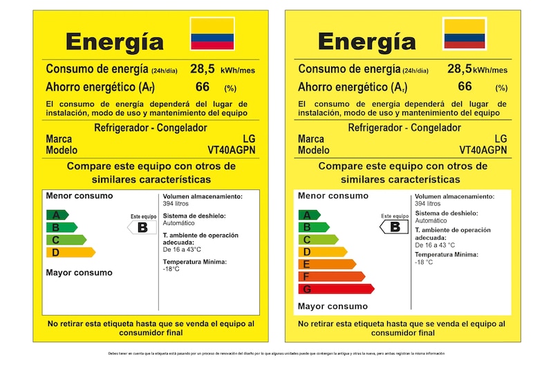 Tarjeta de consumo energético de la nevera LG VT40AGPN